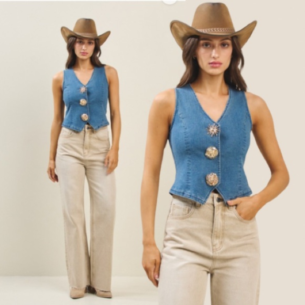 New Chic Western Jewel Button Denim Vest